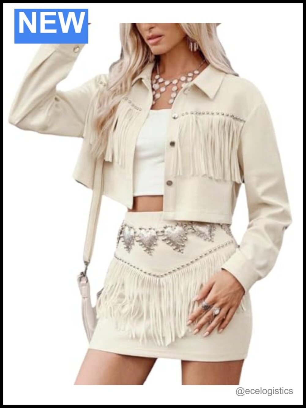 2 Piece Faux Suede Fringe Studded Skirt Set Women Boho Western Cowgirl Outfit